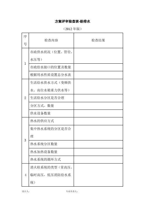 富力地产集团  研发设计 标准化  住宅方案评审检查表   给排水