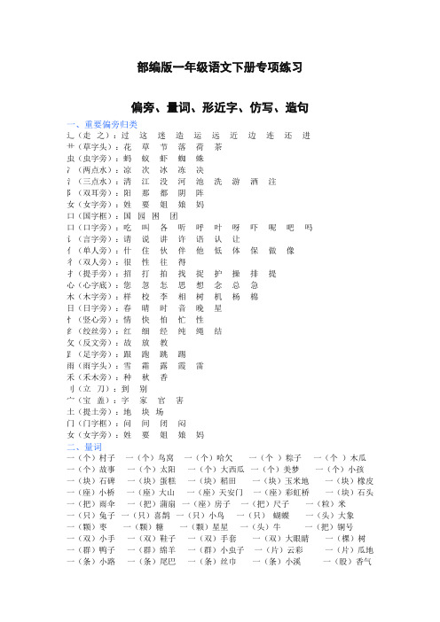 【优选】2020年度部编版一年级语文下册(偏旁、量词、形近字、仿写、造句)汇总