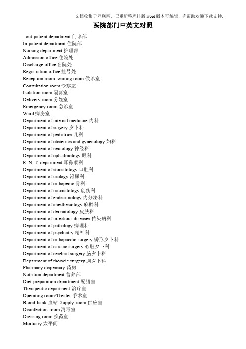 医院部门中英文对照