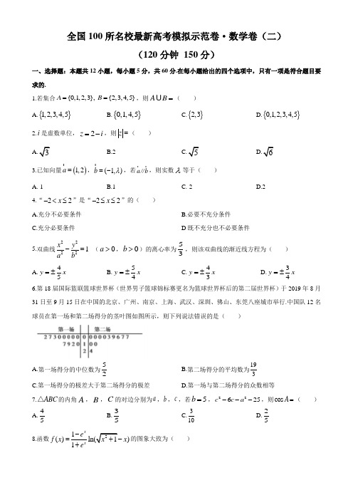 全国100所名校2020年最新高考模拟示范卷(二)数学理科试题+答案+详解MNJ.Y