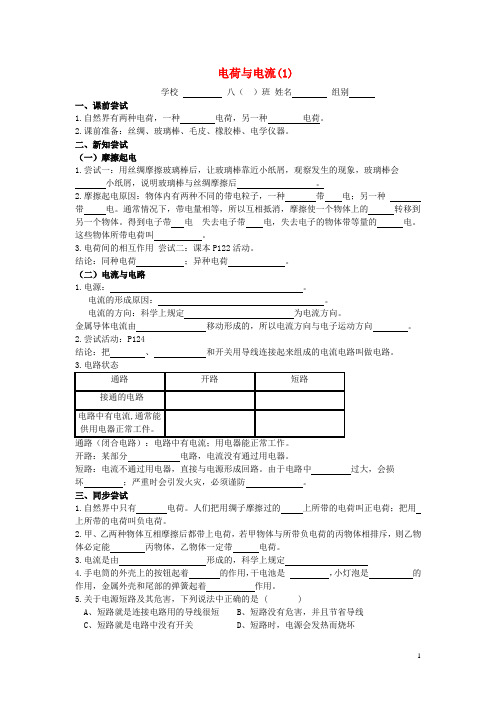 八年级科学上册 4.1 电荷与电流导学案(1)(无答案)(新