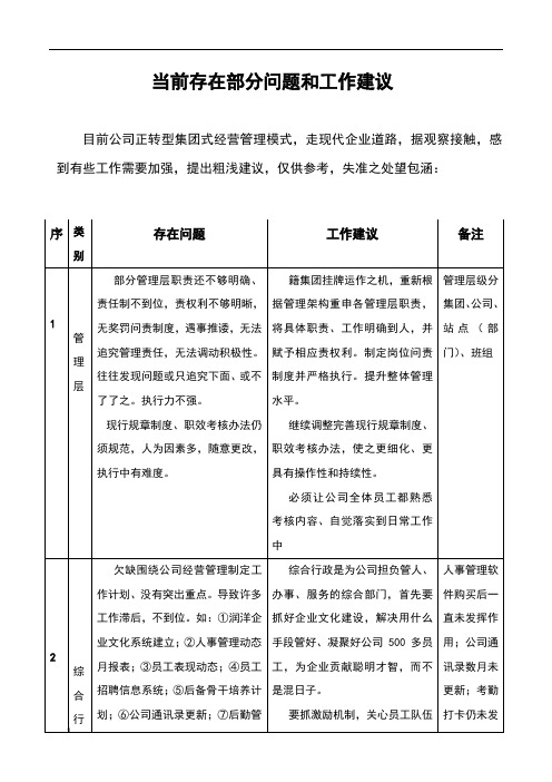 公司当前存在部分问题和工作建议