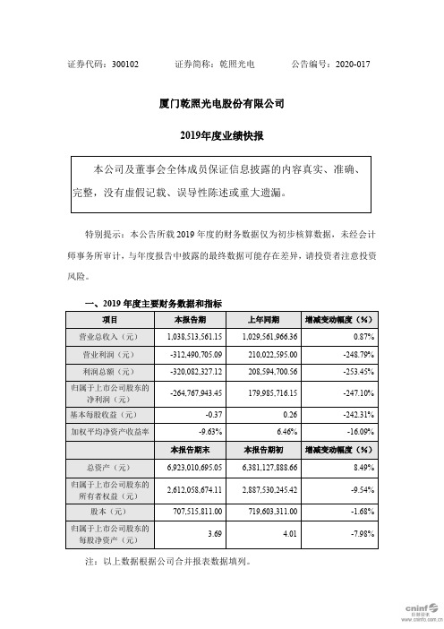 乾照光电：2019年度业绩快报