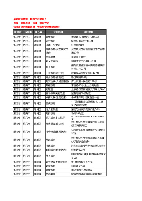 新版浙江省绍兴市越城区酒店餐饮企业公司商家户名录单联系方式地址大全505家