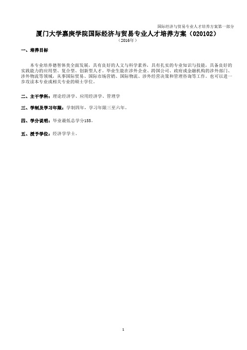 厦门大学嘉庚学院国际经济与贸易专业人才培养方案(