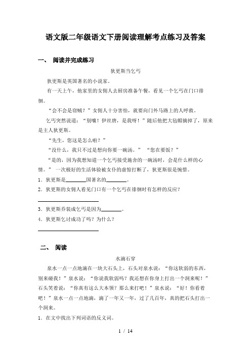 语文版二年级语文下册阅读理解考点练习及答案