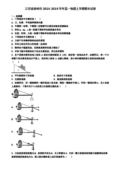 江苏省泰州市2018-2019学年高一物理上学期期末试卷