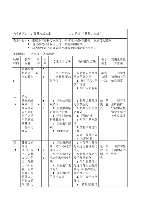 小学体育与健康一年级第二学期《各种方式的走游戏：挑战、应战》表格式教案