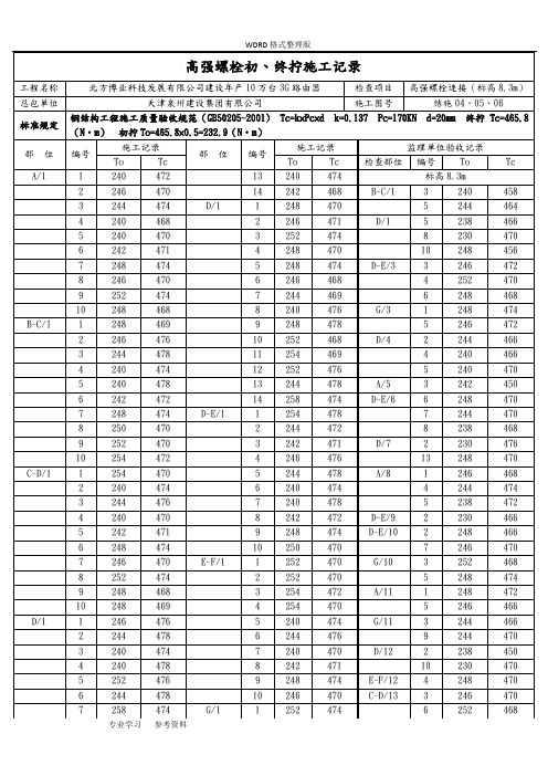 钢筋结构高强螺栓初拧、终拧施工记录文本