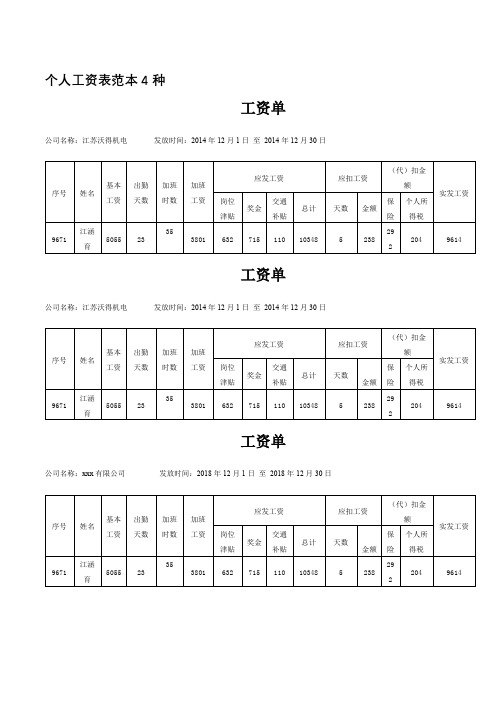 个人工资表范本4种