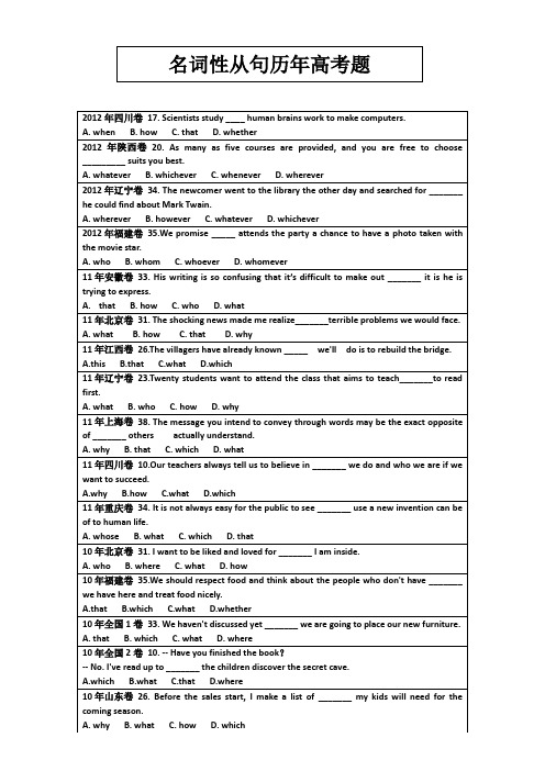 2008~2012年名词性从句全国高考真题1