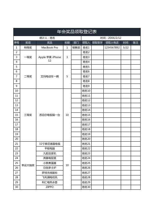 年会奖品领取登记表