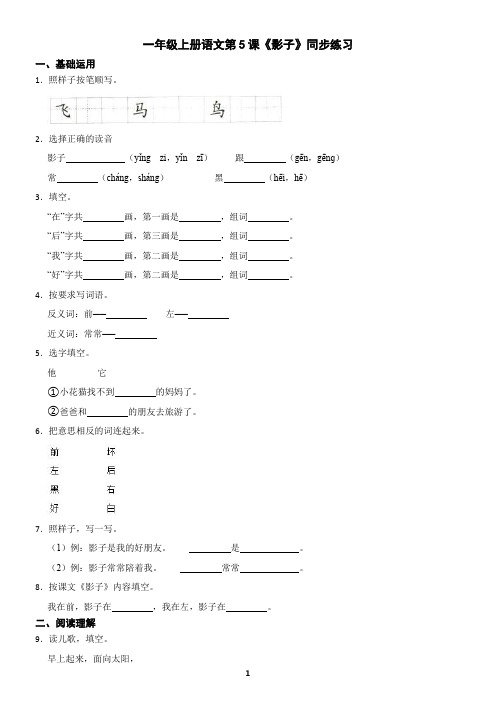 一年级上册语文第5课《影子》同步练习(含答案)
