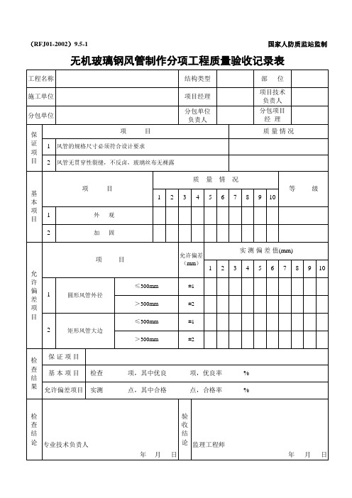 无机玻璃钢风管制作分项工程质量验收记录表