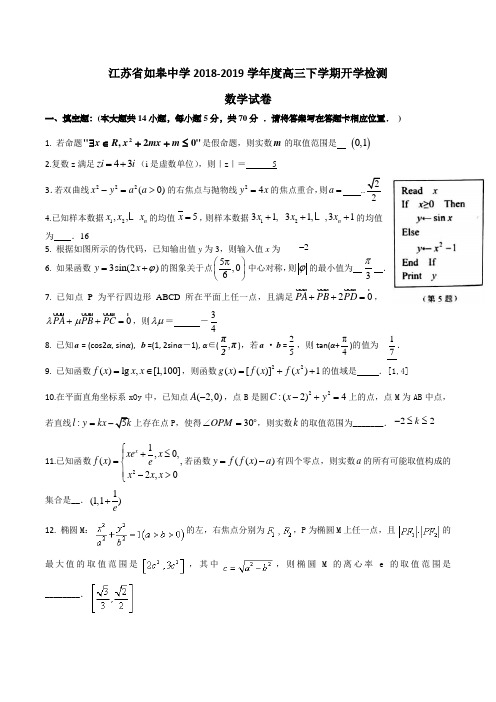 江苏省如皋中学2018-2019学年度高三下学期开学检测数学试卷含答案