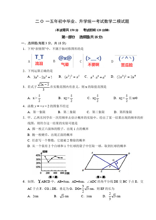 二O 一五年初中毕业、升学统一考试数学二模试题附答案