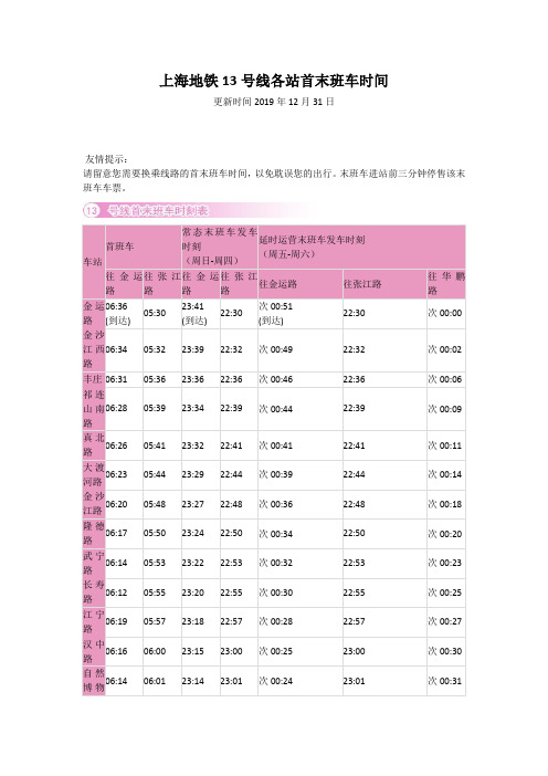 上海地铁13号线各站首末班车时间(更新时间2019年12月31日)