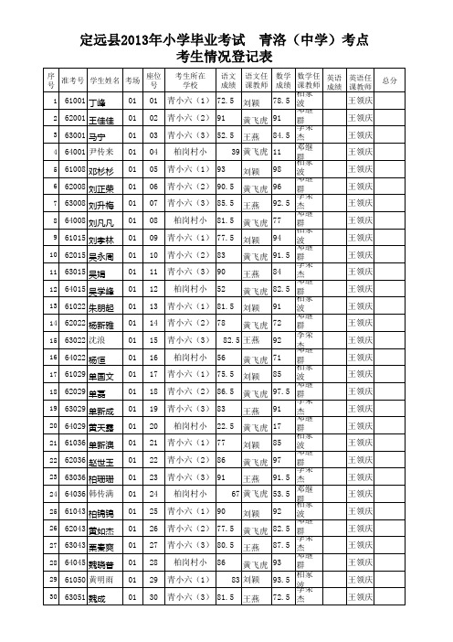 定远县2013年小学毕业考试青洛初中考点考生情况登记表