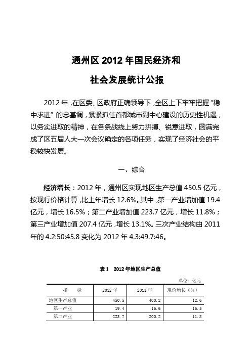 通州区2012年国民经济和