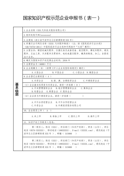 企业知识产权示范企业申报书范本
