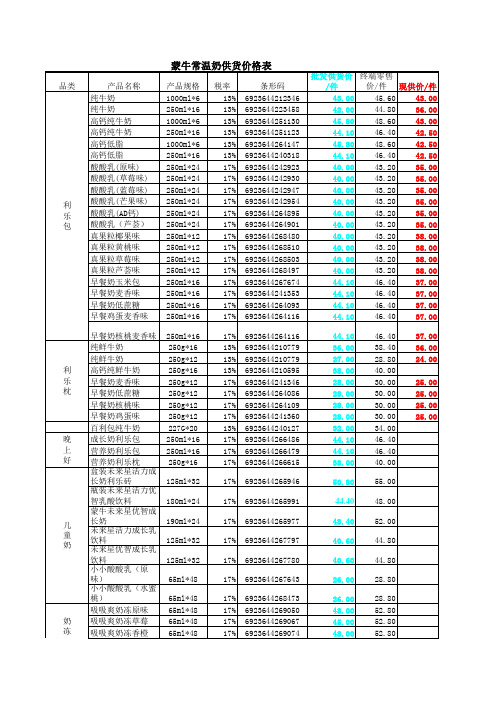蒙牛常温奶供货价格表
