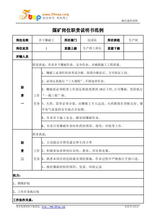 煤矿井下爆破工岗位职责说明书