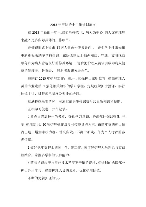 2013年医院护士工作计划范文