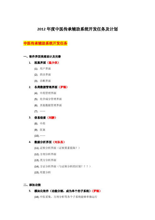 2012中医传承辅助系统开发任务及计划