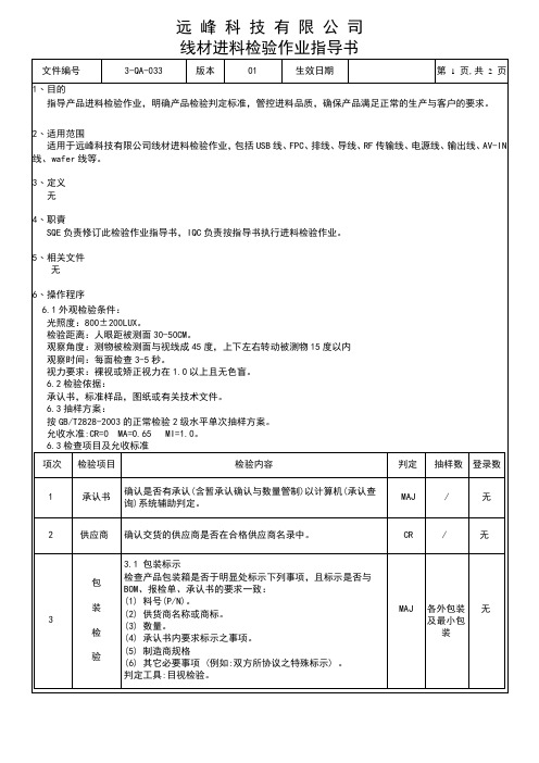 3-QA-033线材类来料检验作业指导书