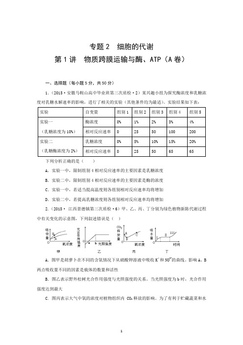 【2015年全国各地高考三模生物试题汇编】专题2 第1讲 物质跨膜运输与酶、ATP(A卷)