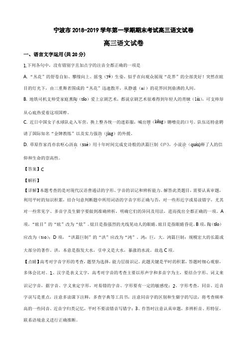 宁波市2018-2019学年第一学期期末考试高三语文试卷及答案及详解及点睛