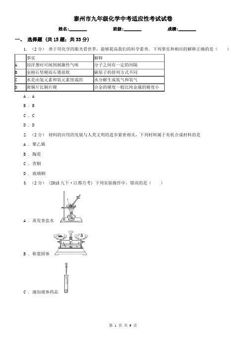 泰州市九年级化学中考适应性考试试卷