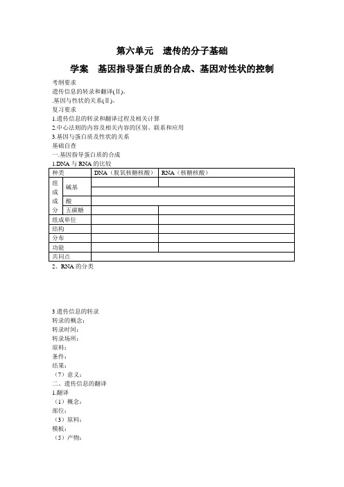 最新人教版高考生物一轮复习学案：第6单元 基因指导蛋白质的合成及对性状的控制