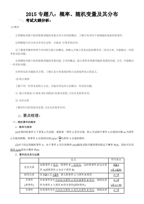 2015专题八：概率、随机变量及其分布(含近年高考试题)