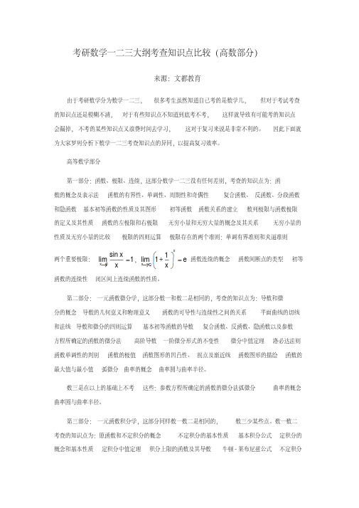 考研数学一二三大纲考查知识点比较(高数部分)
