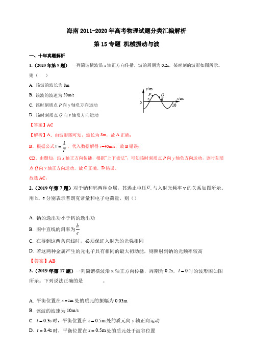 【新高考】海南2011-2020年高考物理试题分类汇编 专题15机械振动与波(解析卷)