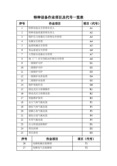 特种设备项目及代号一览表