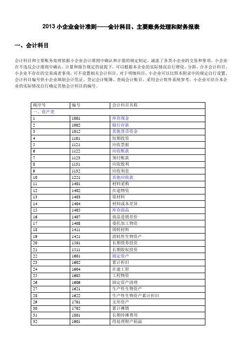 2013小企业会计准则-会计科目-主要账务处理和财务报表