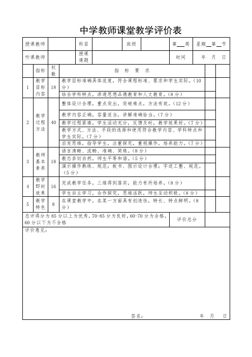 教师课堂教学评价表(听课记录表)