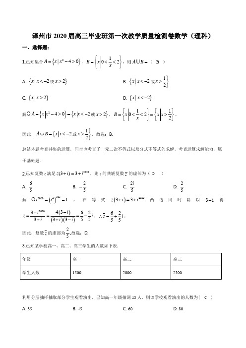 2020届福建省漳州市高三第一次教学质量检测卷数学(理)逐题解析