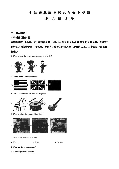 牛津译林版英语九年级上学期《期末考试试卷》含答案解析