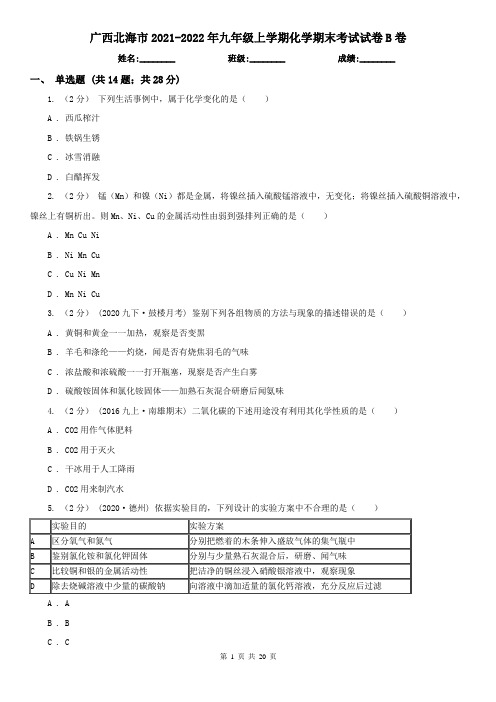广西北海市2021-2022年九年级上学期化学期末考试试卷B卷