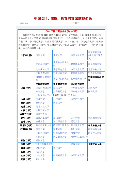 中国211、985、教育部直属高校名录