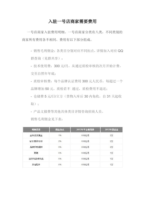 入驻一号店商家需要费用
