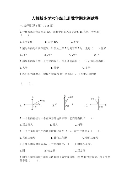 人教版小学六年级上册数学期末测试卷精品(典型题)