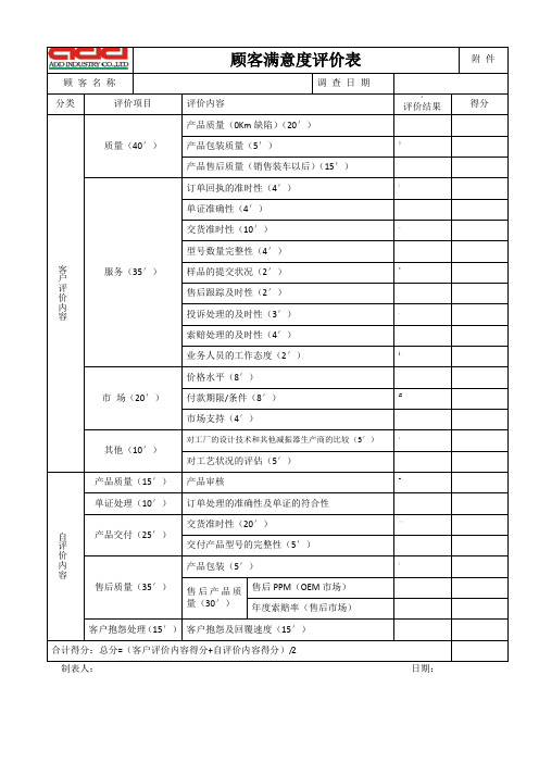 客户满意度评价表