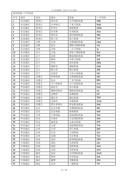 国内机场三字代码表