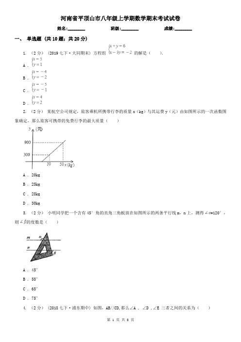 河南省平顶山市八年级上学期数学期末考试试卷