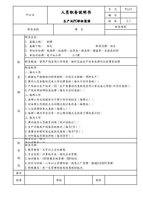 PC部组装课课长职务说明书
