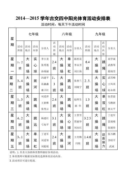 2014-2015学年阳光体育活动记录表